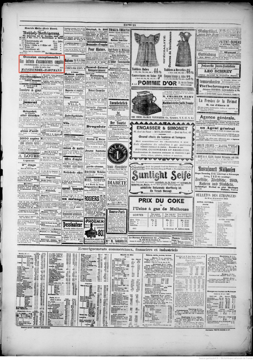 Journal L'Express de Mulhouse du 19 novembre 1902 (p.4) : batterie d'accumulateurs complète.
